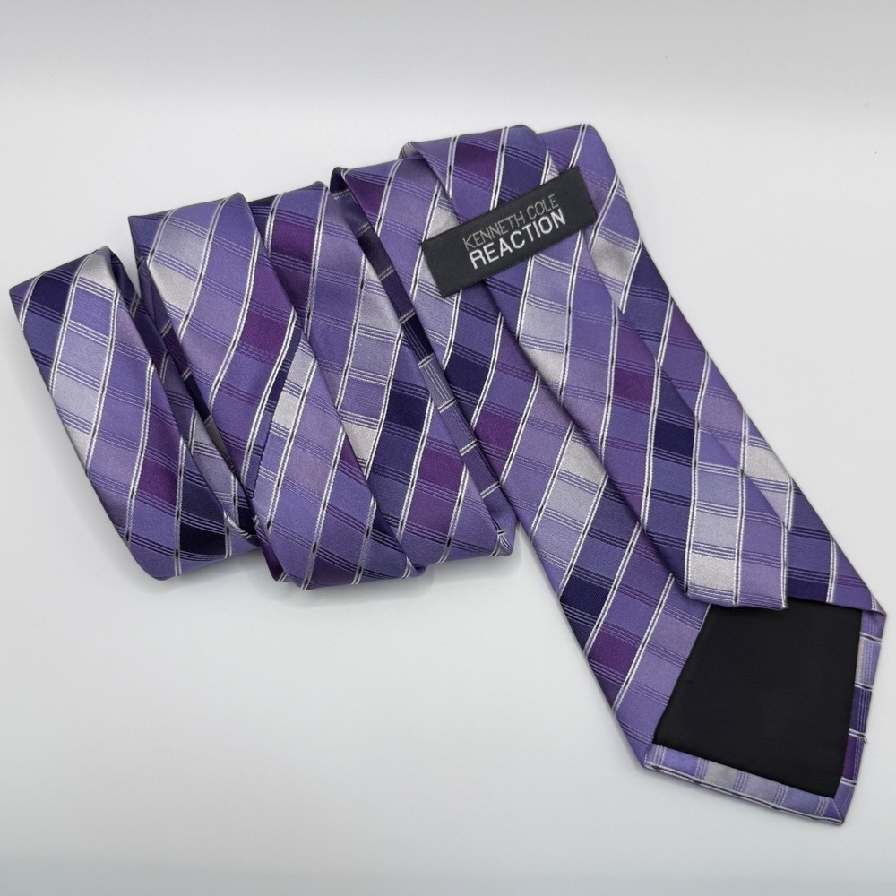 Kenneth Cole Reaction Silk Tie OS Purple Plaid Striped Geometric Business Modern - Picture 3 of 7